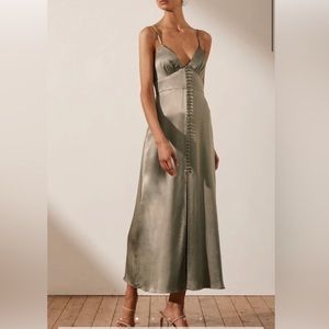 Shona Joy Satin Sage Midi Cocktail Dress (LA LUNE- SIZE 8. NWT)